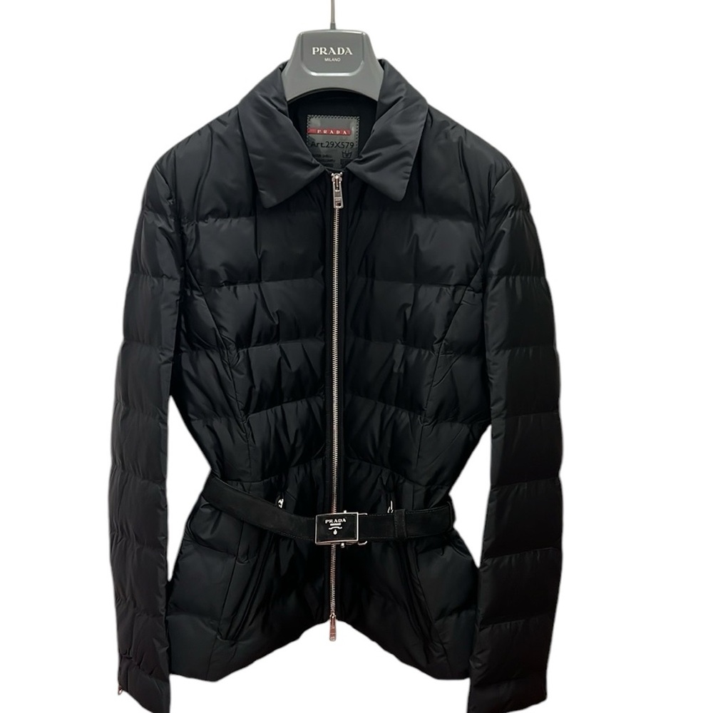 Prada Milano black nylon belted white goose down zippered suede belt tech wear